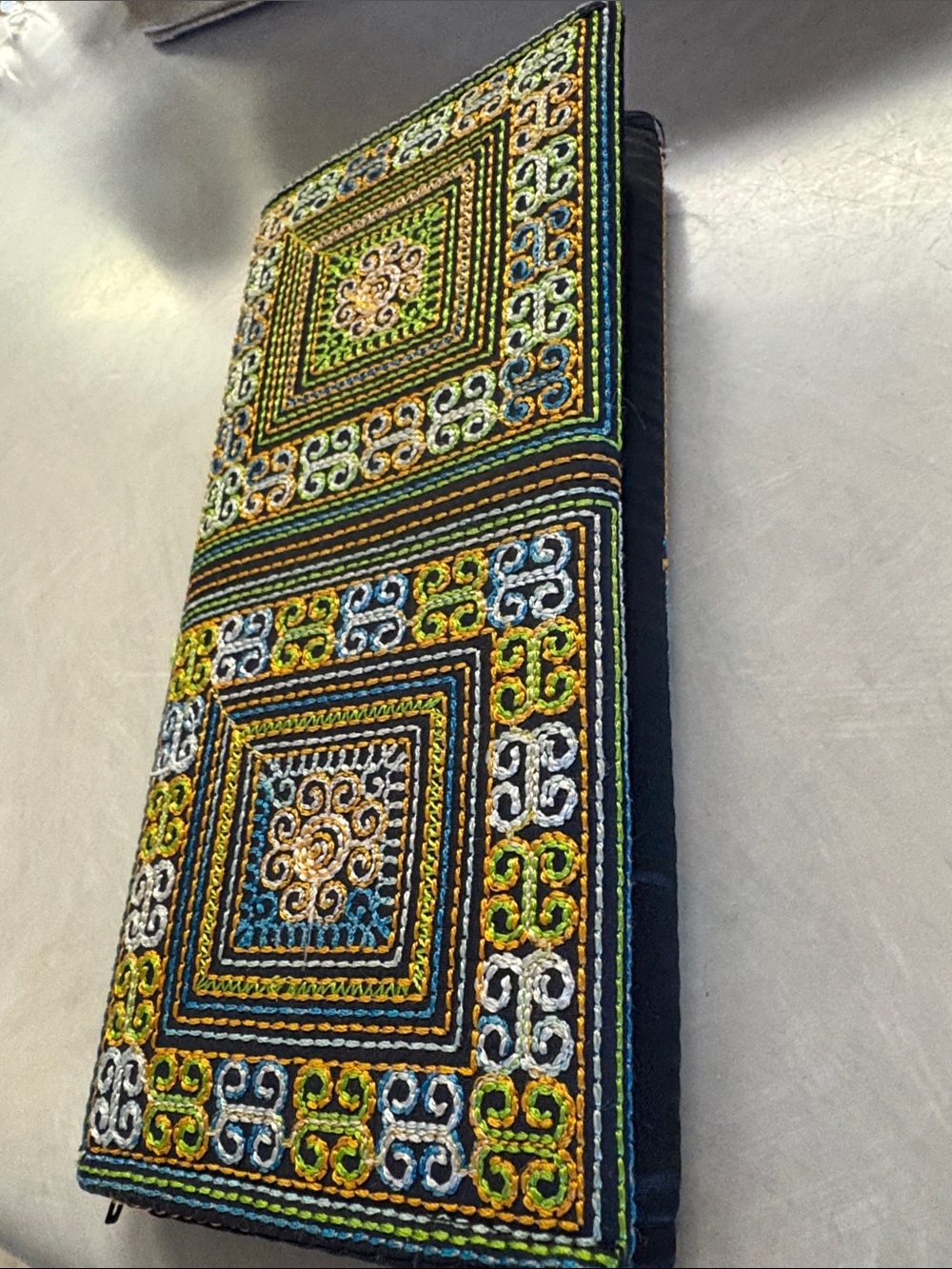 Embroidered Foldover Clutch in Green, Blue & Gold